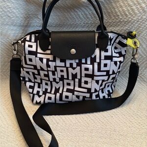 Longchamp Le pliage Logo Black and White Women's Bag